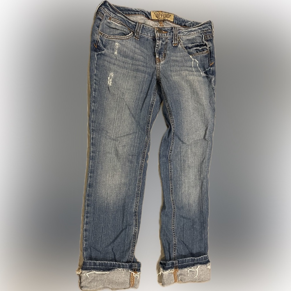 Hint Women’s Denim Ankle cropped Jeans Pants Blue Distressed Size 9